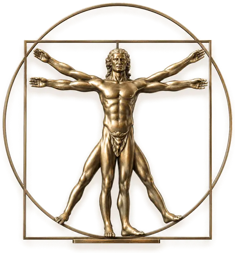A figure standing inside a circle and a square, at the centre of the parts of one life